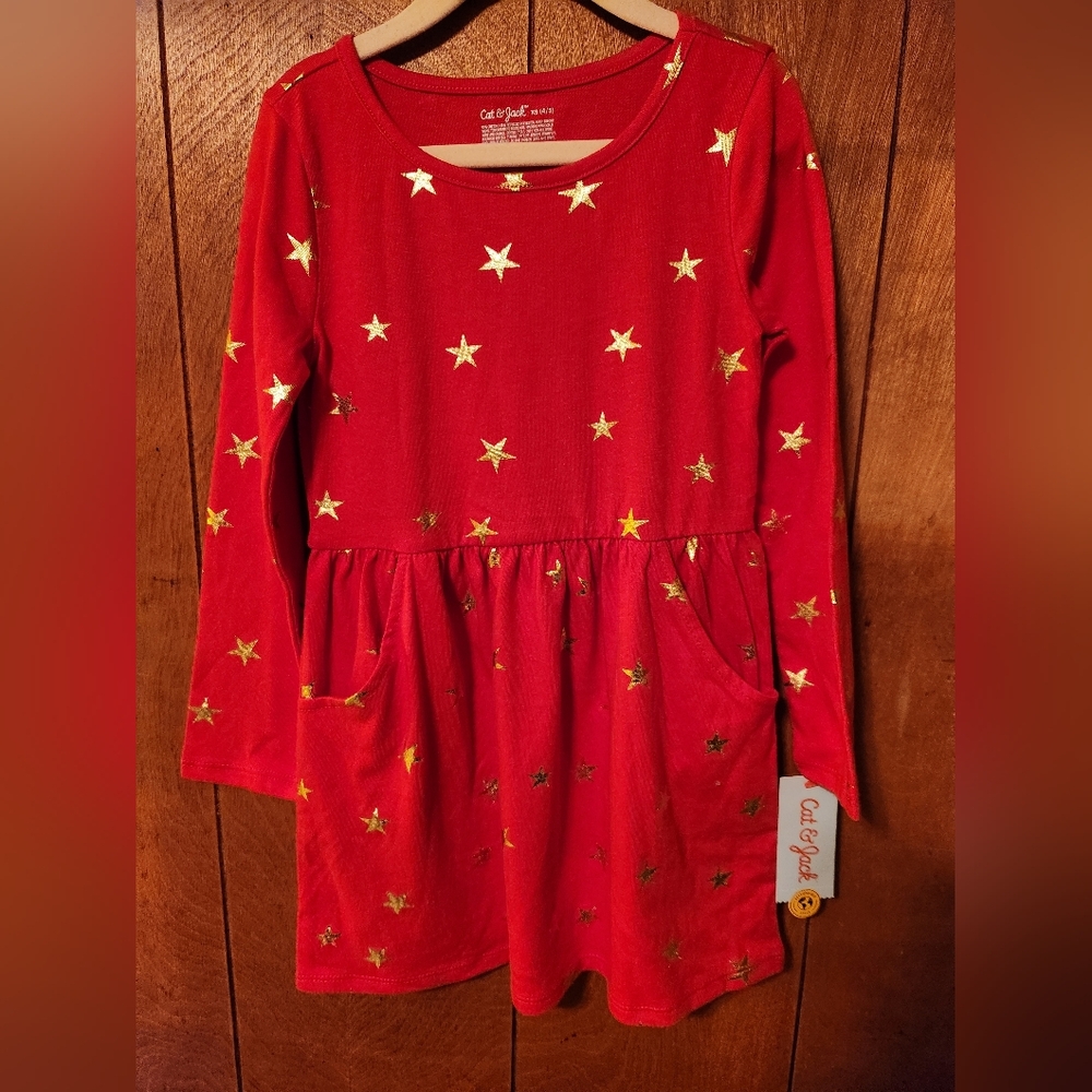 Cat & Jack Red Dress with Gold Stars w/ Pockets, Size 4/5, NWT... Bundle&Save
